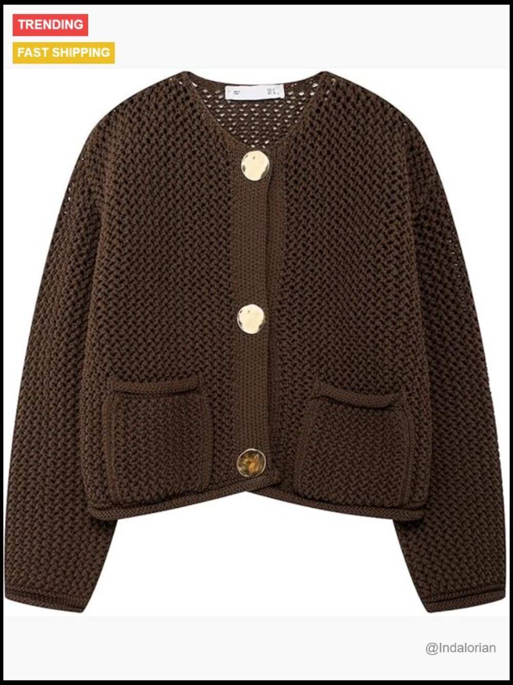 Cropped Cardigan Chunky Knit Gold Button Down Open Front